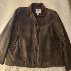 Hickey Freeman Brown and Olive Plaid Field Jacket with Corduroy Collar